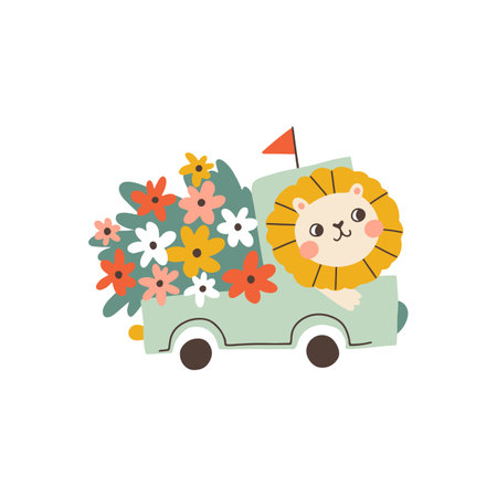 A lion on a pickup truck full of flowers. A cute festive cartoon character in a simple childish hand-drawn style. Vector isolate in pastel vintage palette on white background.のイラスト素材