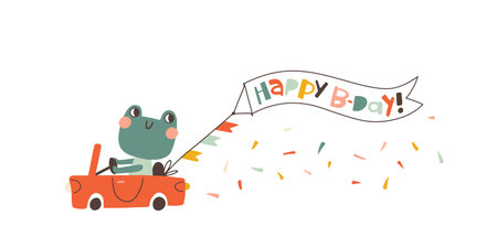 A little frog on a red convertible with a birthday banner. A cute holiday cartoon character in a simple childish hand-drawn style. Vector isolate in pastel vintage palette on white background.のイラスト素材