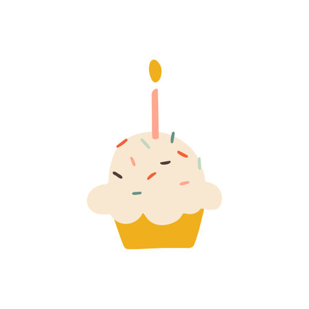 Birthday cream cupcake with a candle and candy sprinkles. Cute vector illustration in simple hand...