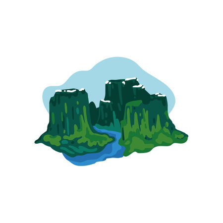 Fjords Norwegian natural landscape. Green mountains with a river. Closed composition of isolate on a white background. Simple cartoon vector illustration in kids style.のイラスト素材