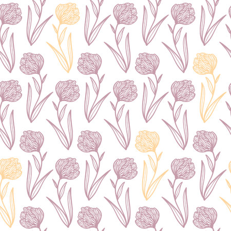 Trendy floral seamless pattern. Hand drawn contour lines of fantastic plants and flowers in magenta and yellow. Vector illustrations of poppies, tulipsのイラスト素材