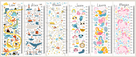 Set of Kids height chart with dinosaurs, unicorns, cars, cute animals and mermaids. Cute vector illustration in simple hand-drawn cartoon Scandinavian style. Childish meter wall for nursery designのイラスト素材