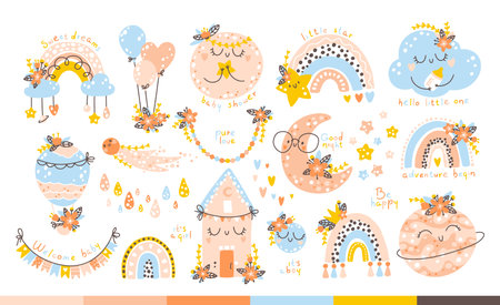 Nursery set. Vector Collection of cute baby shower elements in simple hand-drawn Scandinavian cartoon doodle style. Rainbow, planet, moon, clouds with faces. Limited pastel paletteのイラスト素材