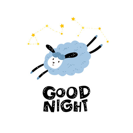 Vector children poster, postcard to the nursery. Cute sheep and constellations with the inscription - Good night. Black hand-drawn inscription on a white backgroundのイラスト素材