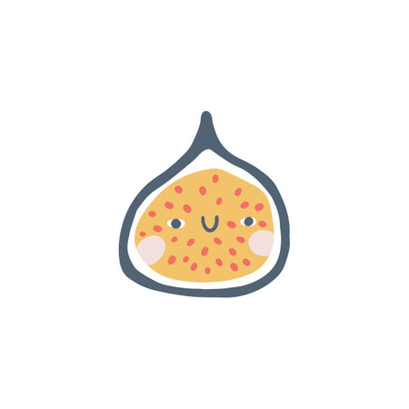 Fig character icon with smiley face. Hand-drawn cartoon doodle in simple naive style. Vector illustrations in a pastel palette for kids. Isolate cute fruit on a white backgroundのイラスト素材
