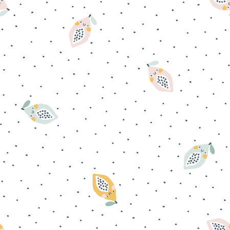 Papaya character seamless pattern with smiley face fruit on a polka dot background. Hand-drawn cartoon doodle in simple naive style. Vector illustrations in a pastel palette for kidsのイラスト素材