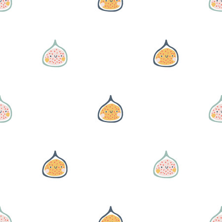 Fig character seamless pattern with smiley face. Hand-drawn cartoon doodle in simple naive style. Vector illustrations in a pastel palette for kids. Isolate cute fruit on a white backgroundのイラスト素材