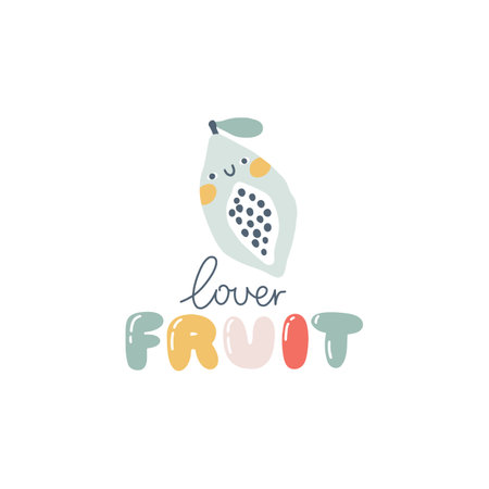 Papaya character with smiley face funny inscription. Fruit lover. Hand-drawn cartoon doodle. Simple naive style. Vector illustrations for kids. Isolate cute fruit on a white background.のイラスト素材
