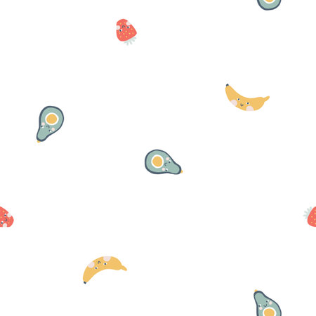 Tropical fruits seamless pattern. Vector cartoon colorful background with cute smiling fruit characters in simple hand-drawn style. Pastel trendy colors on a white background. Ideal for kidsのイラスト素材