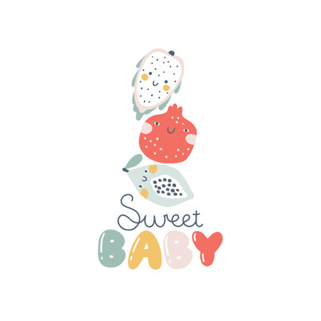 Fruits characters with smiley face funny description. Sweet Baby. Hand-drawn cartoon doodle in simple naive style. Vector illustrations in a pastel for kids. Isolate cute fruit on a white backgroundのイラスト素材