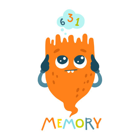 Smart monster thinks, counts. Development of logic, attention and memory of children. Funny bright character in a hand-drawn cartoon doodle style. Ideal for packaging games, puzzles, mazesのイラスト素材