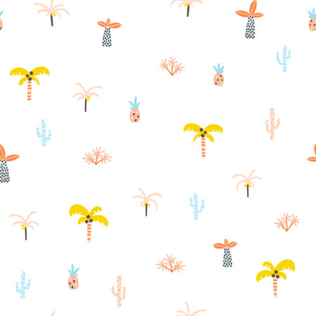 Tropical jungle seamless pattern. Palm trees and plants in a simple hand-drawn Scandinavian doodle style. Nursery pastel palette for printing baby clothes, textiles fabrics. Vector cartoon background.のイラスト素材