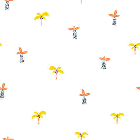Tropical jungle seamless pattern. Animals and palms. Simple hand-drawn Scandinavian doodle style. Nursery pastel palette is ideal for printing baby clothes textiles fabrics. Vector cartoon backgroundのイラスト素材
