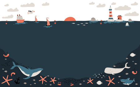 Template horizon with the bottom of the ocean and fauna. A ship, boats and a lighthouse with a fishing house. Marine inhabitants below. Vector illustration in cartoon scandinavian style.のイラスト素材