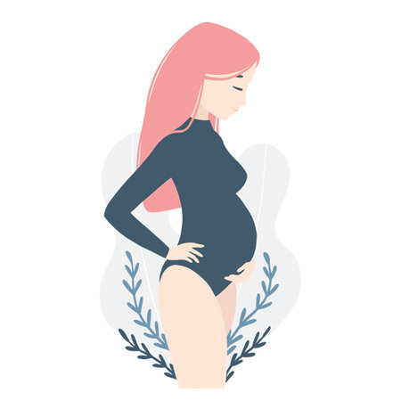 Cute pregnant young woman in a bodysuit with pink hair. Vector illustration of a character in simple cartoon hand-drawn style. Pastel palette. Expectant mother feeling baby kickのイラスト素材