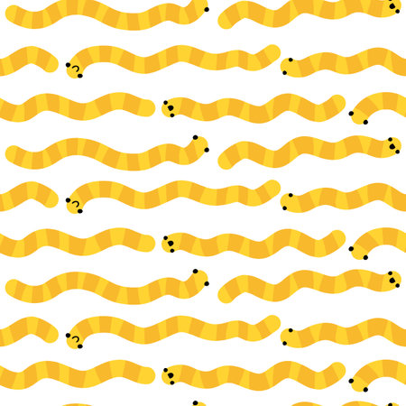 Funny worms. Vector seamless pattern. Childish summer colorful background in simple cartoon hand-drawn style. Cute baby illustration of comic yellow caterpillars on a white background.のイラスト素材