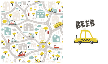 Map of kids city with roads and transport. Vector seamless pattern and illustration with taxi car in the set. Cartoon illustration in childish hand drawn scandinavian style. for baby clothes. Beebのイラスト素材