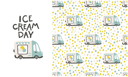 Ice cream trailer seamless pattern. Vector childish illustration in scandinavian simple hand-drawn style on polka dot background. The limited palette for printing on baby clothes, digital paper.のイラスト素材