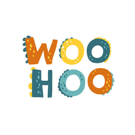 Dinosaur lettering. Woo Hoo. Dino letters. Vector illustration in cartoon Scandinavian style. Childish design for birthday invitation or baby shower, poster, clothing, nursery wall art, and card.のイラスト素材