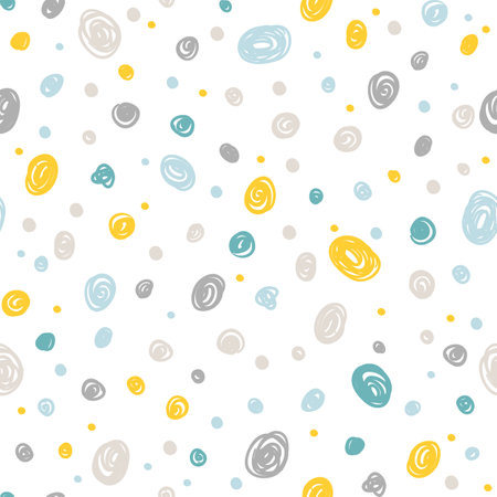 Abstract hand-drawn polka dots seamless pattern. Funny Vector colorful illustration in simple cartoon Scandinavian style. Childish design for baby clothes, bedding, textiles, nursery wall artのイラスト素材