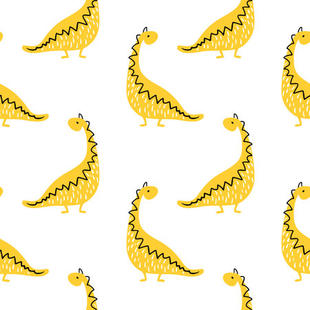 Yellow dinosaur seamless pattern. Funny Vector illustration Dino Diplodocus in cartoon Scandinavian style. Childish design for baby clothes, bedding, textiles, nursery wall art, and card.のイラスト素材