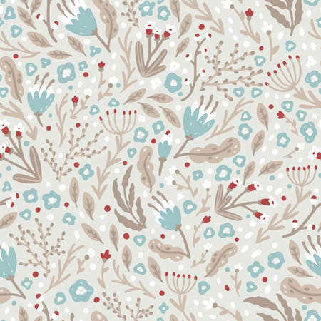 Cute Christmas flower pattern made of small winter flowers. Ditsy print. Hand-drawn illustrations in a simple Scandinavian style. Ideal for printing textiles, baby clothes, fabrics, wallpapersのイラスト素材