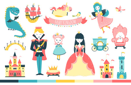 Princess set with prince and other characters in fairy kingdom cartoon vector illustration in childish doodle style.のイラスト素材