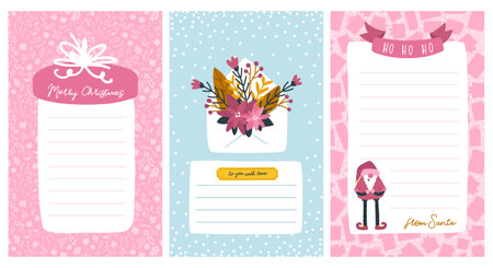 Christmas templates for lists and letters from Santa. Frame for text with a ruler. Cute vector character illustration in hand-drawn scandinavian style. The limited pastel palette is ideal for printのイラスト素材