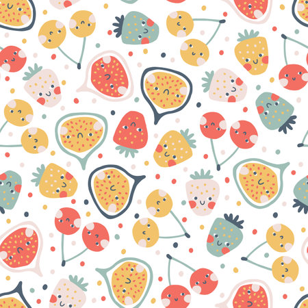 Tropical Fruit seamless pattern. Vector cartoon childish background with cute smiling fruit characters in simple hand-drawn style. Pastel colors on a white background with polka dotsのイラスト素材