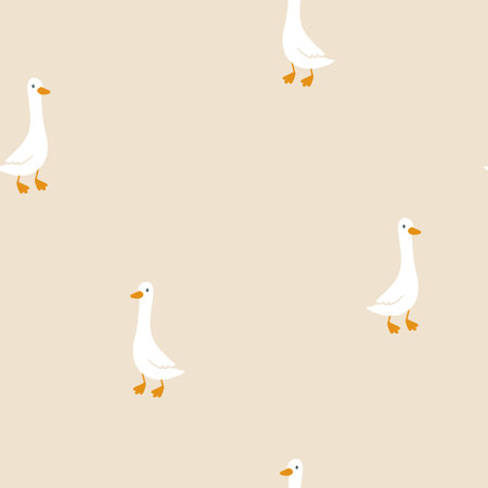 Geese seamless pattern. Cute cartoon characters in simple hand drawn style. Baby minimalistic vintage print in a limited baby pastel palette. Goose vector on a beige background.のイラスト素材