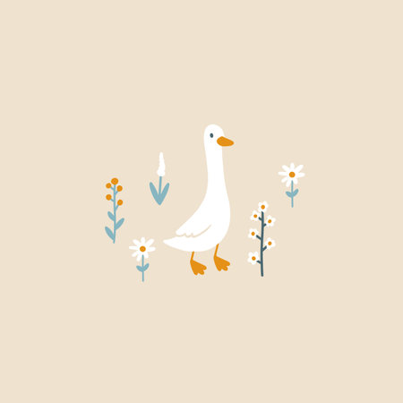 Goose vector isolated illustration. Cute cartoon characters between blooming meadow flowers in simple hand-drawn style. The limited vintage palette is perfect for baby prints.のイラスト素材