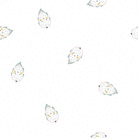 Dragon fruit character seamless pattern with smiley face fruit on a polka dot background. Hand-drawn cartoon doodle in simple naive style. Vector illustrations in a pastel palette for kids.のイラスト素材