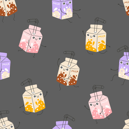 Milkshake sweets seamless pattern with funny mascot characters. Kawaii cartoon hand drawn doodle in colorful palette. Ideal for baby design, prints, packaging, textiles. creative nursery backgroundのイラスト素材
