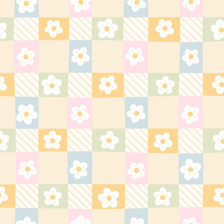 Gingham seamless vector pattern with meadow chamomile flowers. Tartan check for tablecloths, napkins, clothes, packaging, for the Easter holiday. Cozy cute childish background in a pastel paletteのイラスト素材