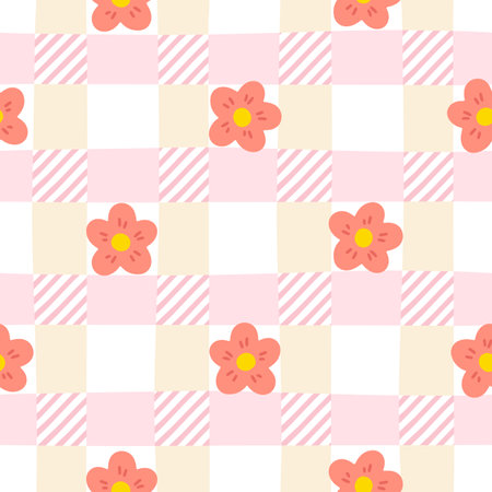 Gingham seamless vector pattern with meadow flowers. Tartan check for tablecloths, napkins, clothes, packaging, for the Easter holiday. Cozy cute childish background in a pastel paletteのイラスト素材