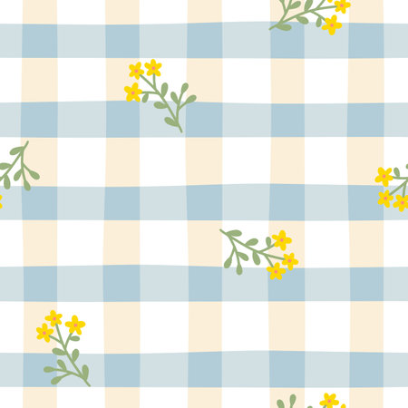 Gingham seamless vector pattern with meadow flowers. Tartan check for tablecloths, napkins, clothes, packaging, for the Easter holiday. Cozy cute childish background in a pastel paletteのイラスト素材