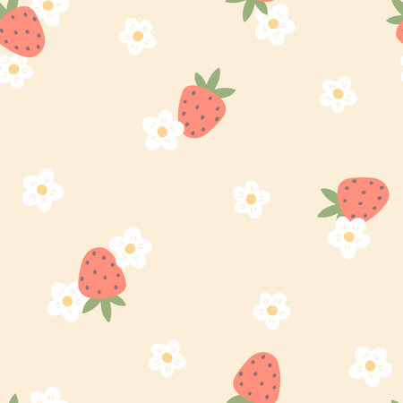 Blooming strawberry seamless vector pattern with berry and flowers in simple hand drawn cartoon kawaii style. Pastel palette, cute beige unisex background. Ideal for printing baby textiles, clothesのイラスト素材