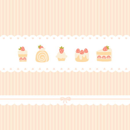 Preppy sweet various desserts with strawberries lacy postcard. Vector cute cartoon hand drawn vintage illustration on vertically striped background in a retro pastel paletteのイラスト素材