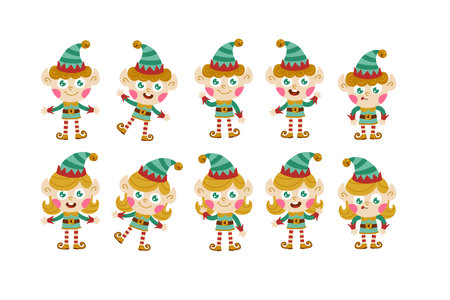 Elf Christmas character set in simple hand-drawn cartoon style. Vector illustration of fairy tale characters with different emotions. Isolate on a white background.のイラスト素材