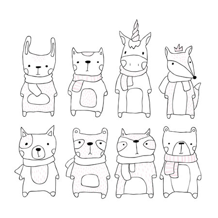 Cute vector set of animals in scandinavian style for children. Hand drawn contour illustration. Hare, cat, unicorn, fox, dog, bear, panda, raccoon.のイラスト素材