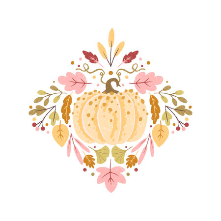 Isolated symmetrical pumpkin illustration with fall leaves and berries. Soft pastel vector clipart on white. Ideal for Thanksgiving cards, stickers, decor, and seasonal design.のイラスト素材