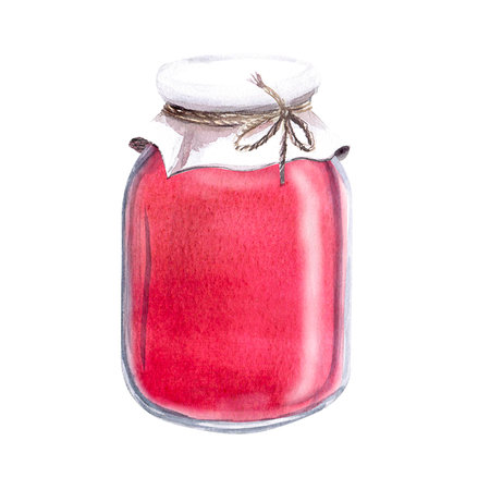 Jar of jam watercolor illustration isolated on white background for decoration, cards, printingの写真素材