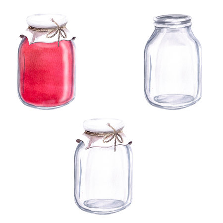 Set of glass jars in watercolor illustration on a white background. Hand drawn illustration of jars with lid for cookbooks, dessert recipes and rustic natural products, medicinesの写真素材