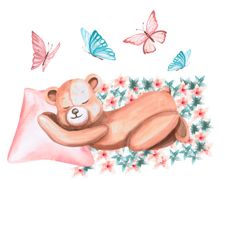 Sleeping cute little bear on a pillow in watercolor illustration on a white background. Hand drawn teddy bear illustration for children's rooms, clothing, newborn, baby shower or baby postersの写真素材