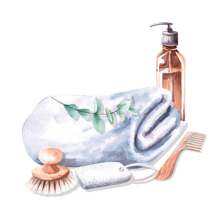 Dispenser, towel, comb, brush, pumice stone, eucalyptus branch in watercolor illustration on a white background. Hand drawn illustration of a set for advertising spas, baths, saunas, beauty salons.の写真素材