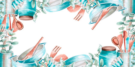 Rectangular frame made of dishes in watercolor illustration. Hand drawn watercolor drawing for menus, cookbooks, gastronomic magazines, master classes, web sites. Composition isolated from backgroundの写真素材