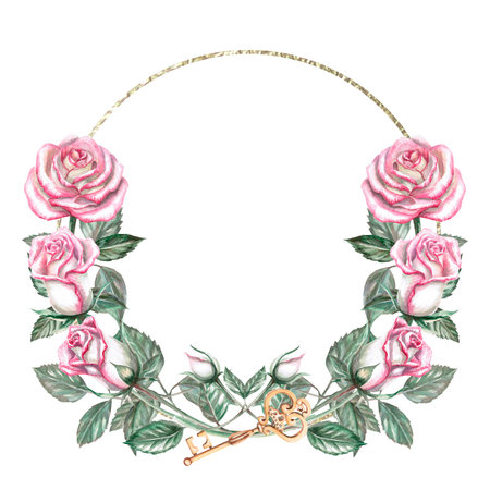 Round frame of roses and key in watercolor illustration. Hand drawn watercolor drawing for cards, wedding invitations, congratulations, gifts, memorable dates. Composition isolated from backgroundの写真素材