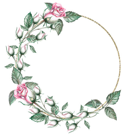 Round frame of delicate rose buds in watercolor illustration. Hand drawn watercolor drawing for wedding invitations, congratulations, gifts, memorable dates. Composition isolated from backgroundの写真素材