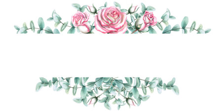 Rectangular frame with roses, buds and eucalyptus leaves in watercolor. Hand-drawn illustration for greeting cards, weddings, memorials. Illustration isolated from background.の写真素材