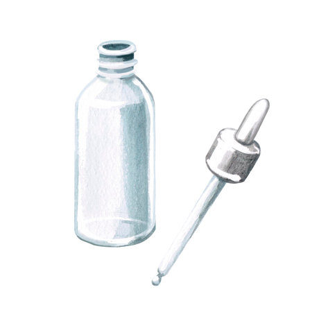 Transparent cosmetic empty bottle with pipette in watercolor. Isolated illustration in realistic style for design of cosmetics, oils, medicinal collections.の写真素材